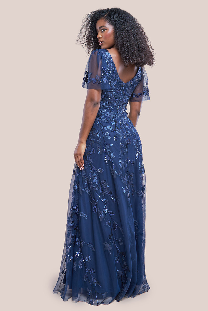 Flared Sleeve Embroidered Maxi Dress - Navy DR3279A