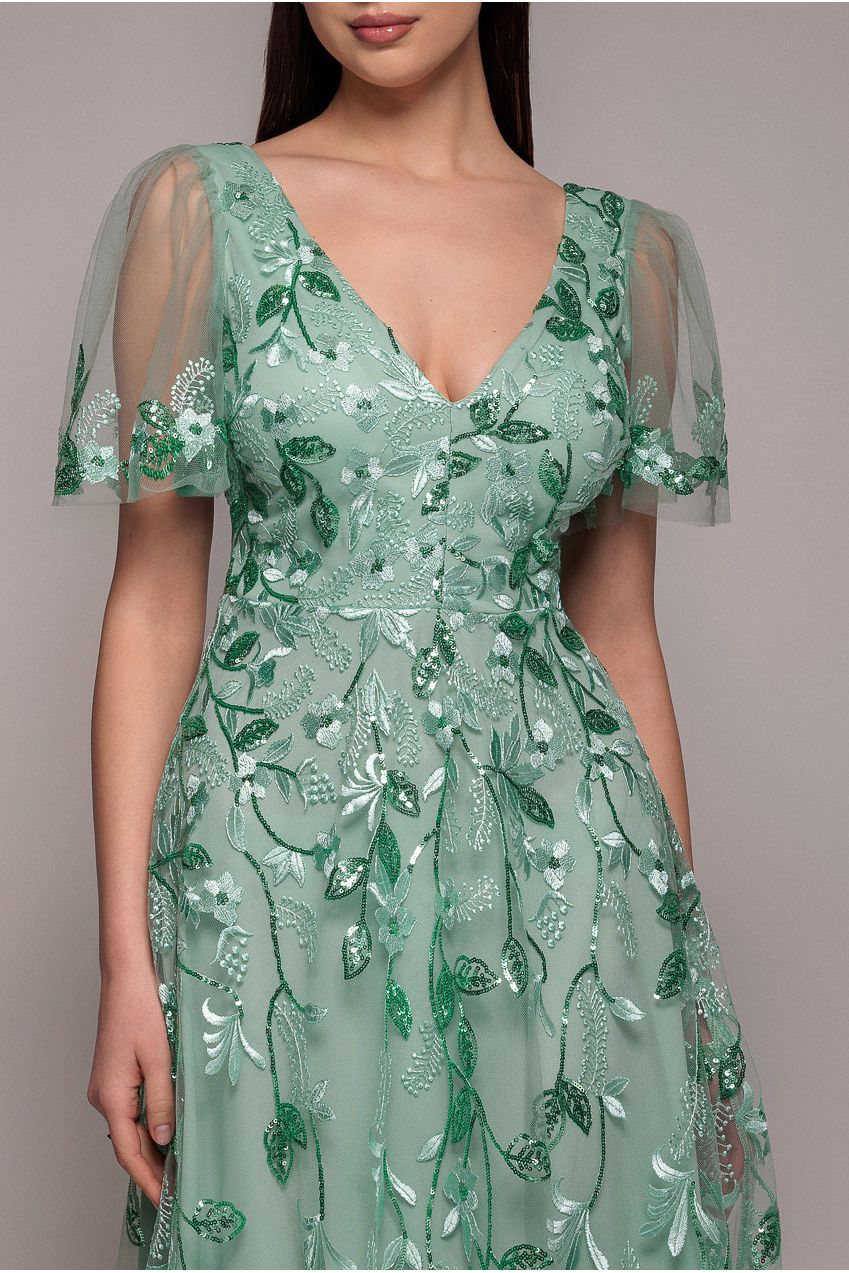 Flared Sleeve Embroidered Maxi Dress - Sage Green DR3279