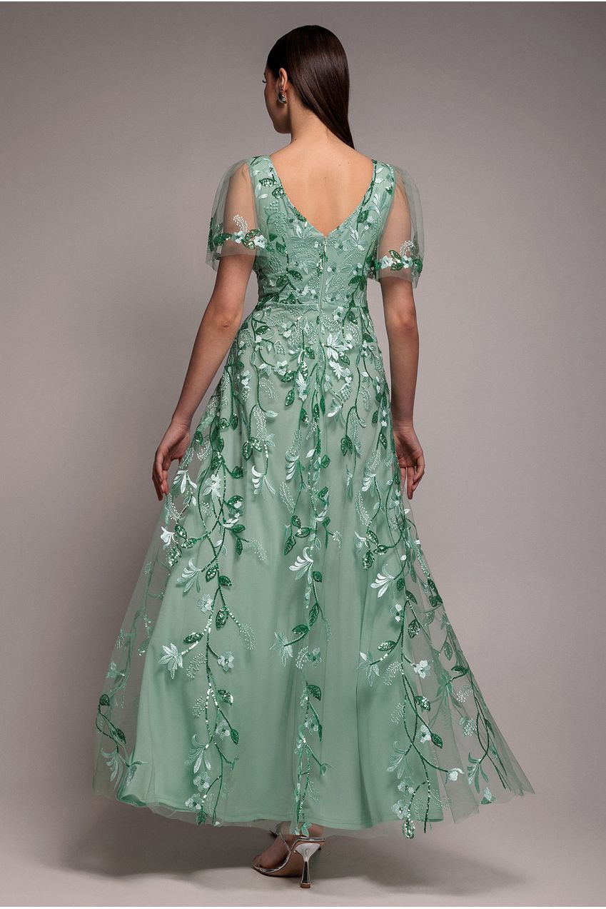 Flared Sleeve Embroidered Maxi Dress - Sage Green DR3279