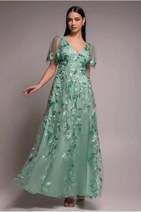 Flared Sleeve Embroidered Maxi Dress - Sage Green by Goddiva