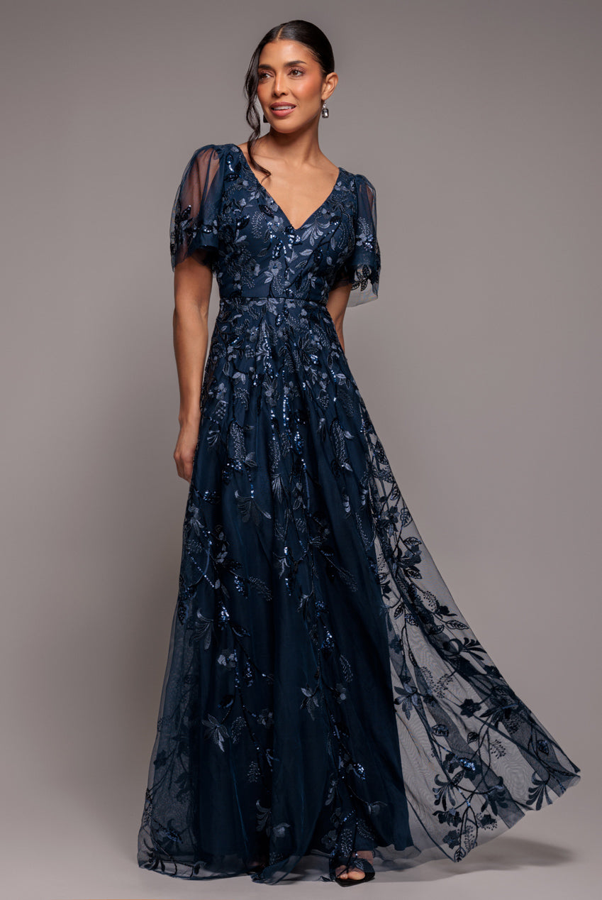 Flared Sleeve Embroidered Maxi Dress - Navy Blue DR3279A