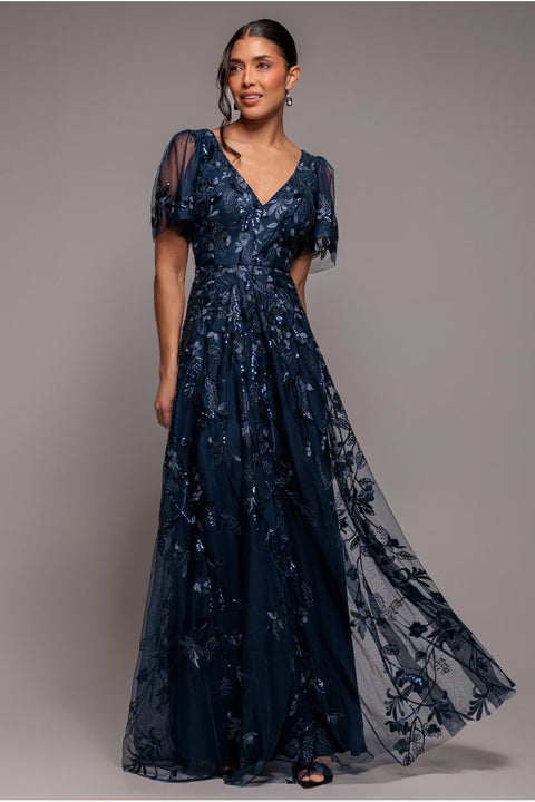 Flared Sleeve Embroidered Maxi Dress - Navy Blue by Goddiva