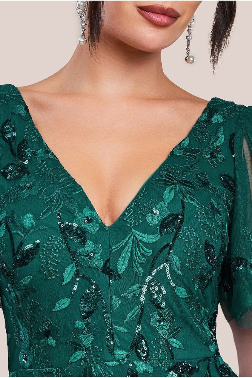 Flared Sleeve Embroidered Maxi Dress - Emerald Green DR3279