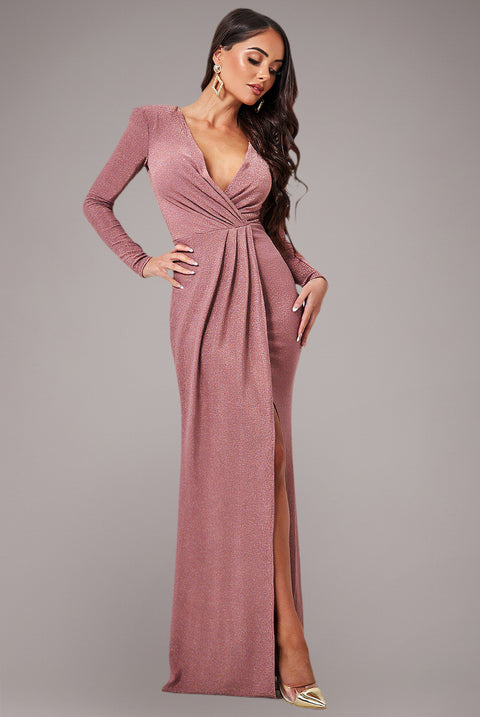 Front Crossover Lurex Split Maxi - Rose by Goddiva