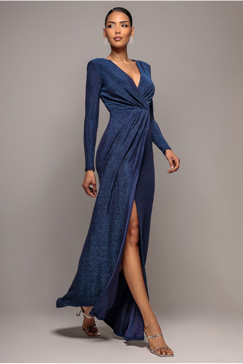 Plunge Neck Wrap Front Split Lurex Maxi Dress - Navy Blue DR3314