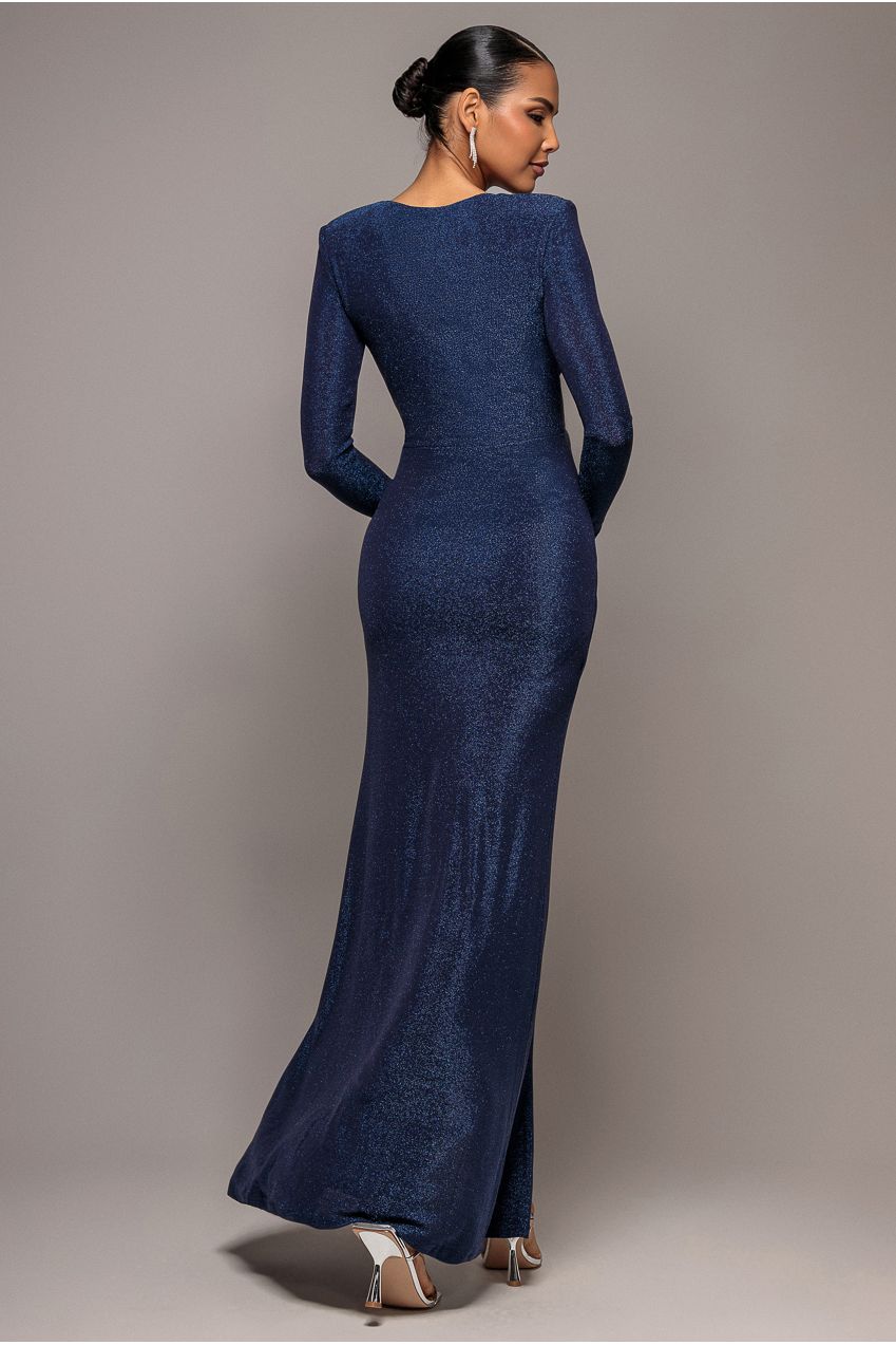 Plunge Neck Wrap Front Split Lurex Maxi Dress - Navy Blue DR3314