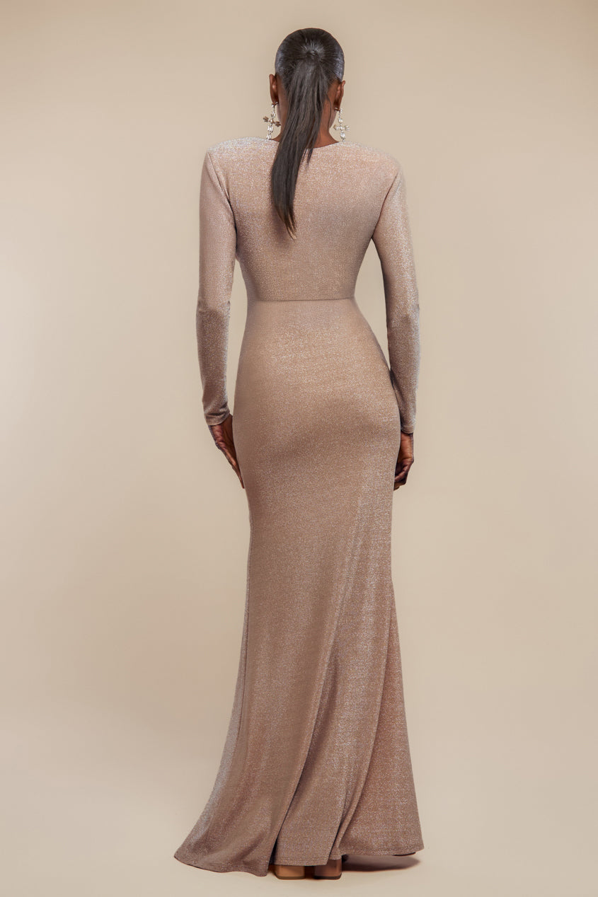 Plunge Neck Wrap Front Split Lurex Maxi Dress - Nude DR3314