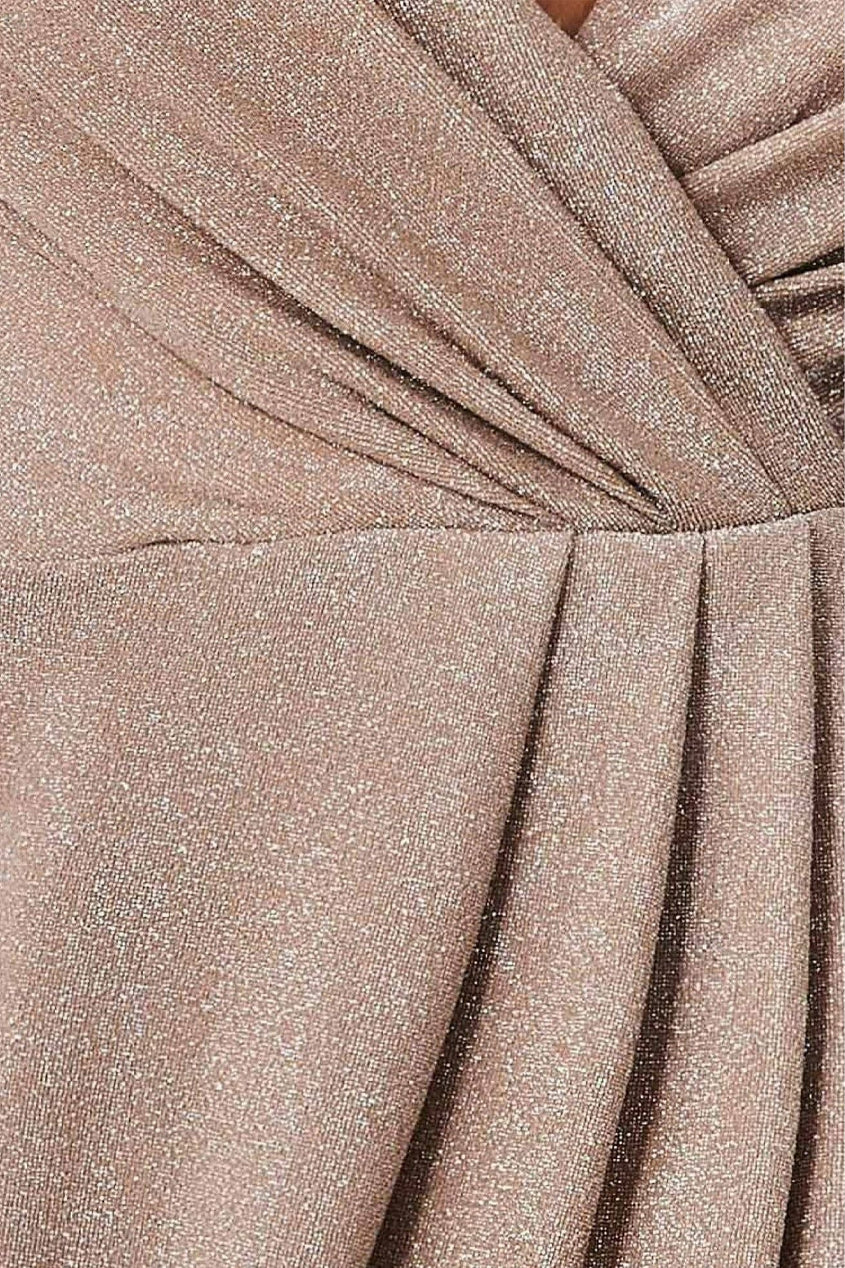 Plunge Neck Wrap Front Split Lurex Maxi Dress - Nude DR3314