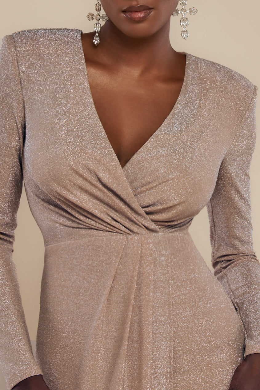 Plunge Neck Wrap Front Split Lurex Maxi Dress - Nude DR3314