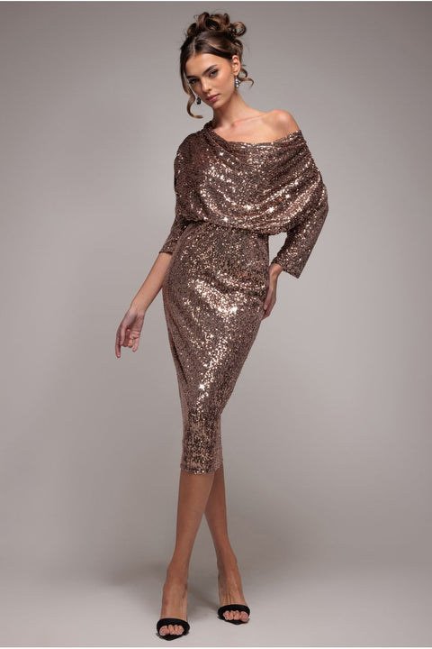 Sequin Cowl Neck Midi Dress - Champagne by Goddiva