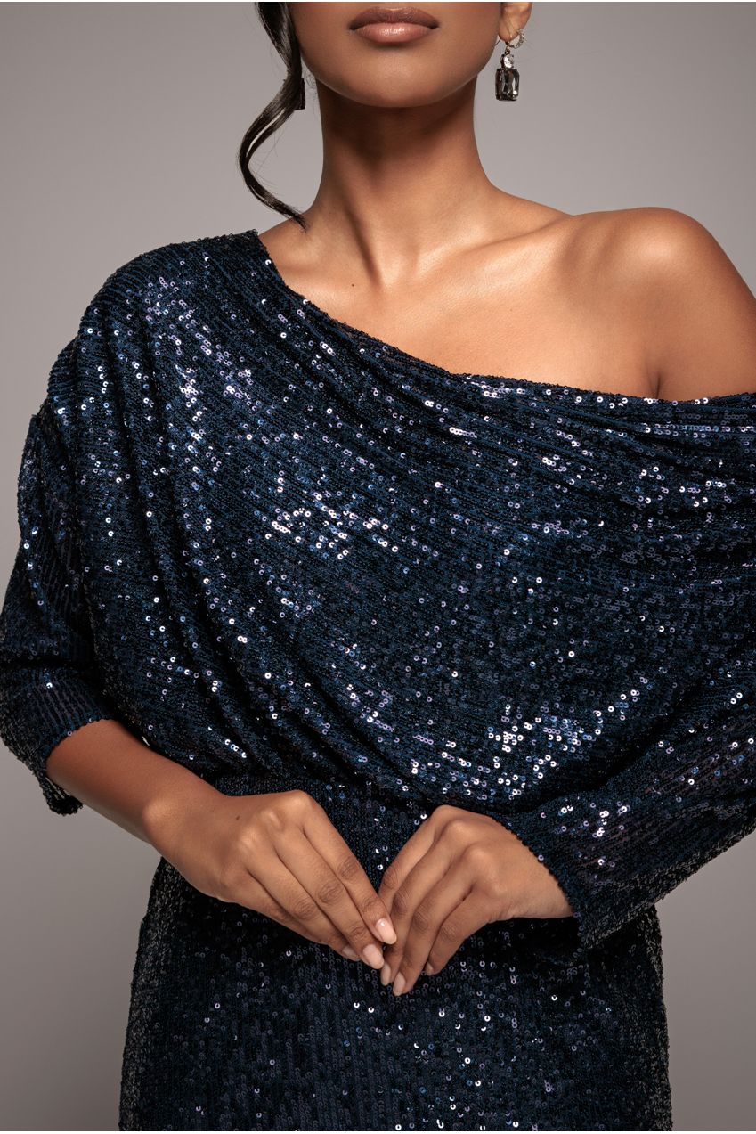 Sequin Cowl Neck Midi Dress - Navy DR3321