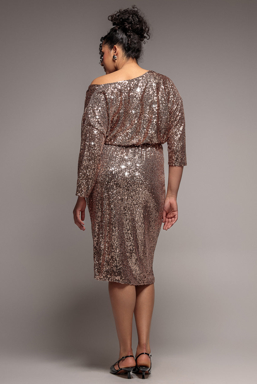 Sequin Cowl Neck Midi Dress - Champagne DR3321P