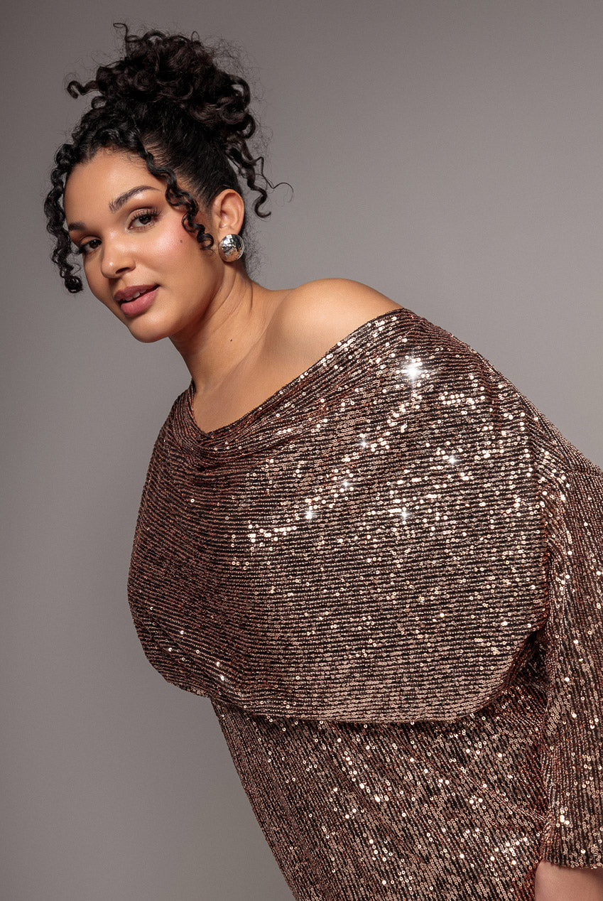 Sequin Cowl Neck Midi Dress - Champagne DR3321P