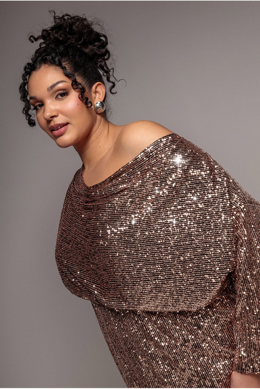 goddiva champagne sequin dress Goddiva Sequin Cowl Neck Midi Dress
