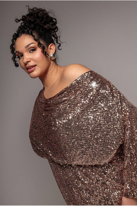 Sequin Cowl Neck Midi Dress - Champagne by Goddiva Plus