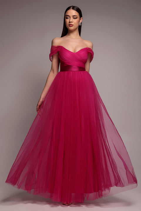 Off The Shoulder Princess Maxi Dress - Hot Pink by Goddiva