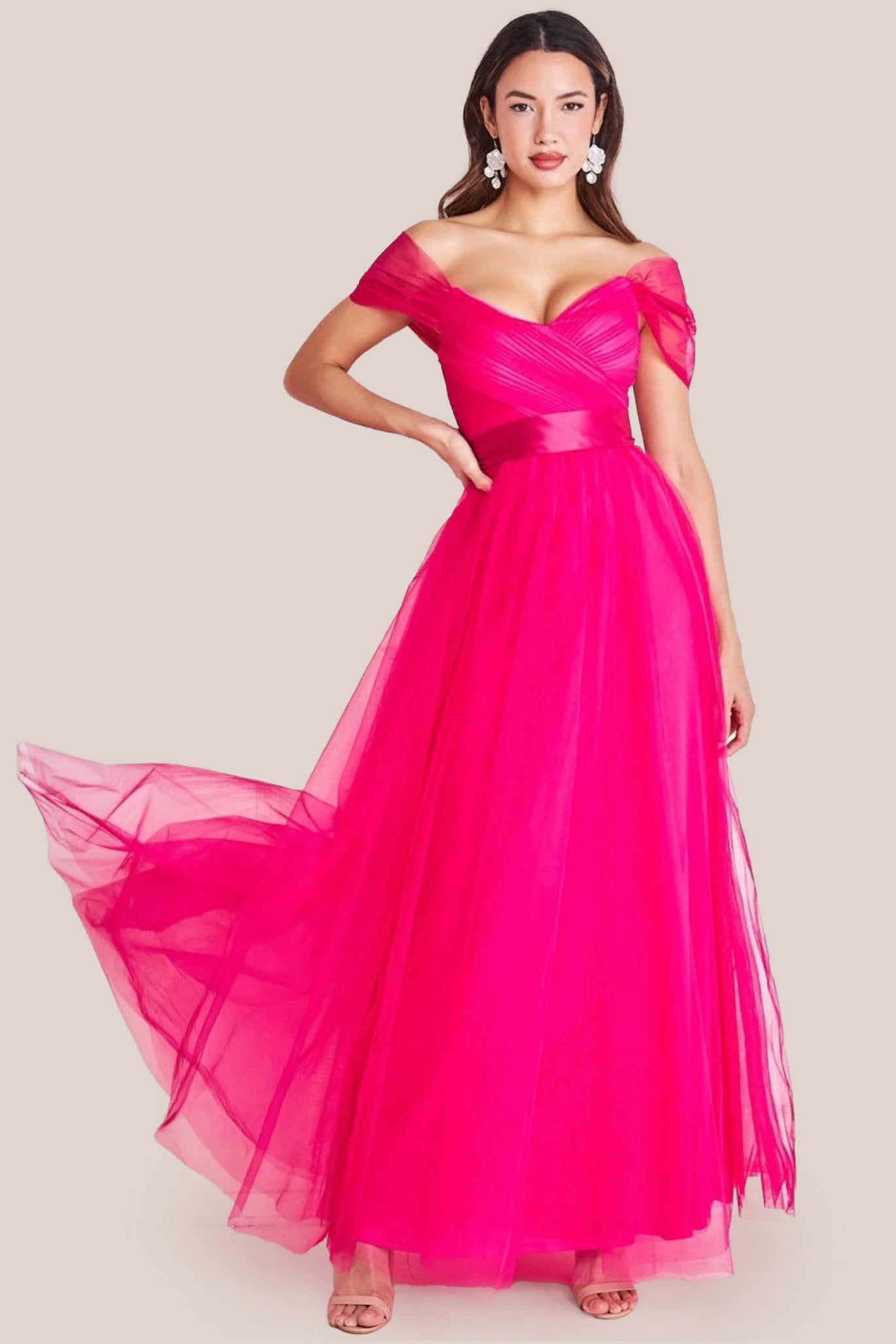 Off The Shoulder Princess Maxi Dress - Hot Pink DR3322A