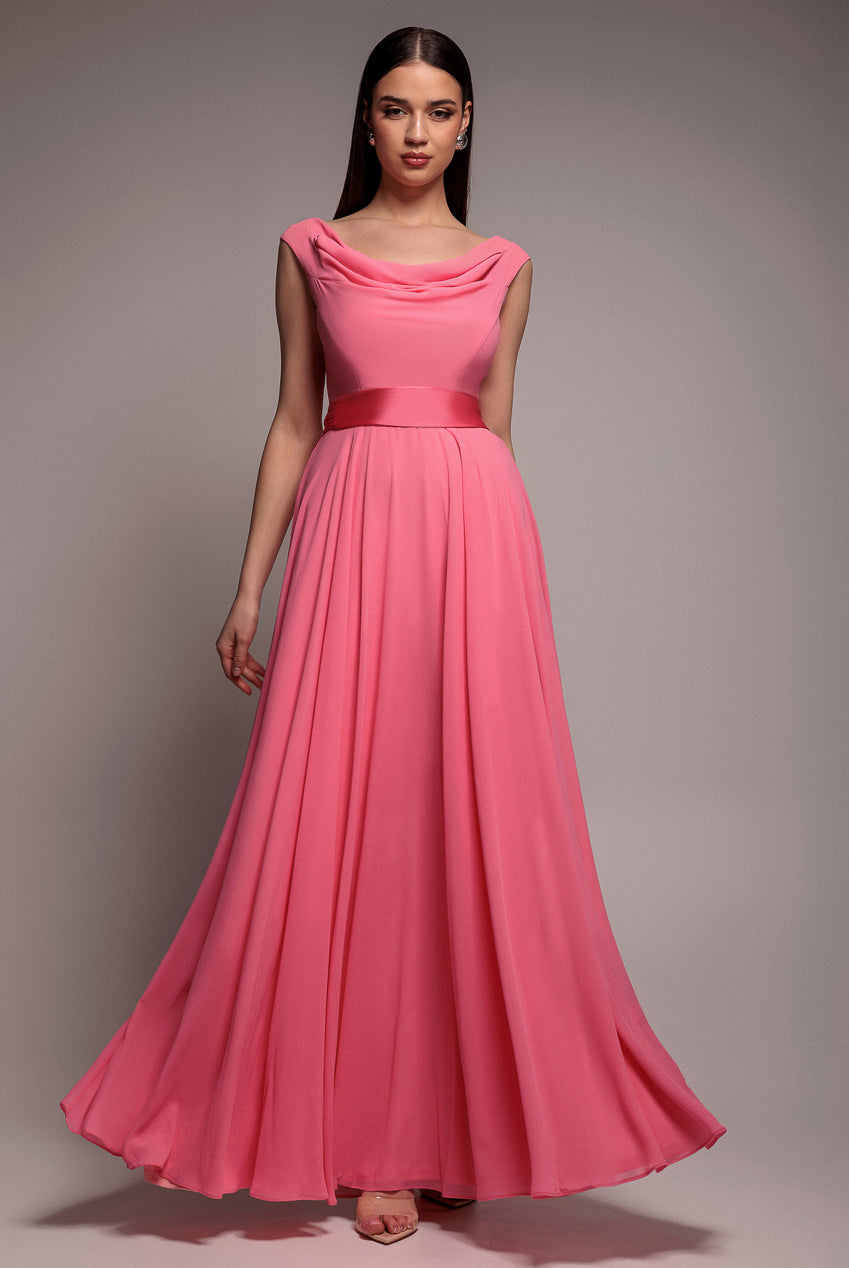 Cowl Neck A-Line Chiffon Maxi Dress - Coral DR3335A