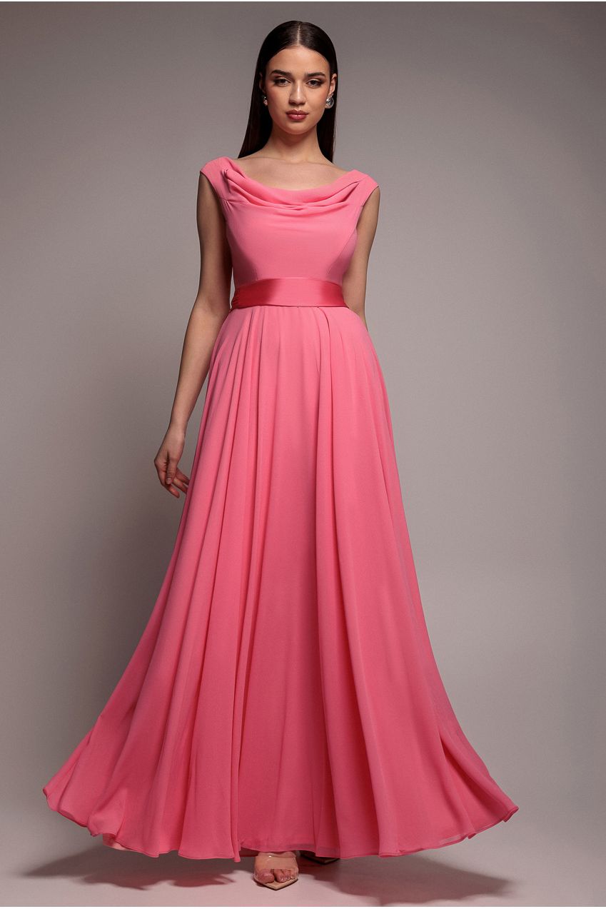Cowl Neck A-Line Chiffon Maxi Dress - Coral | Goddiva Cowl Neck A-Line Chiffon Maxi Dress - Coral | Goddiva
