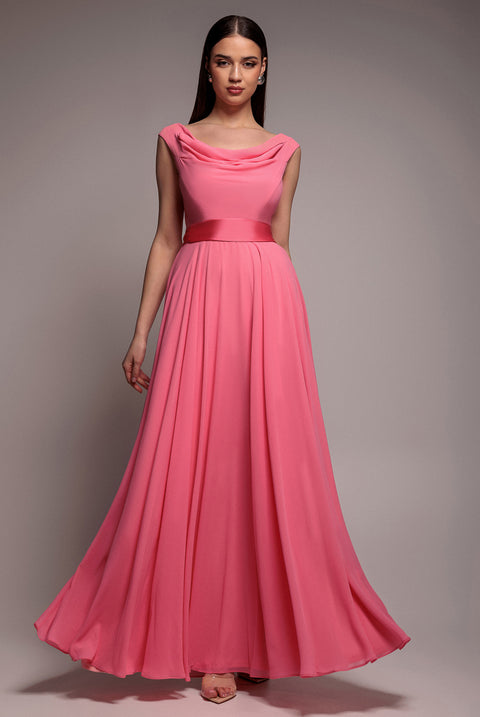 Cowl Neck A-Line Chiffon Maxi Dress - Coral by Goddiva