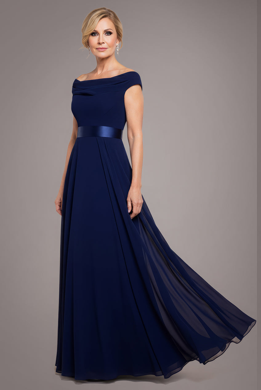 Cowl Neck Chiffon Maxi Dress - Navy Blue DR3335M