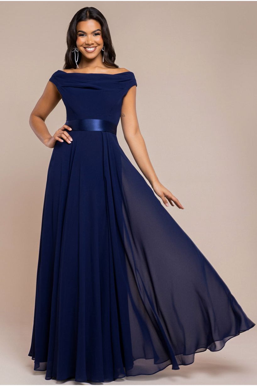 Cowl Neck Chiffon Maxi Dress - Navy Blue DR3335A