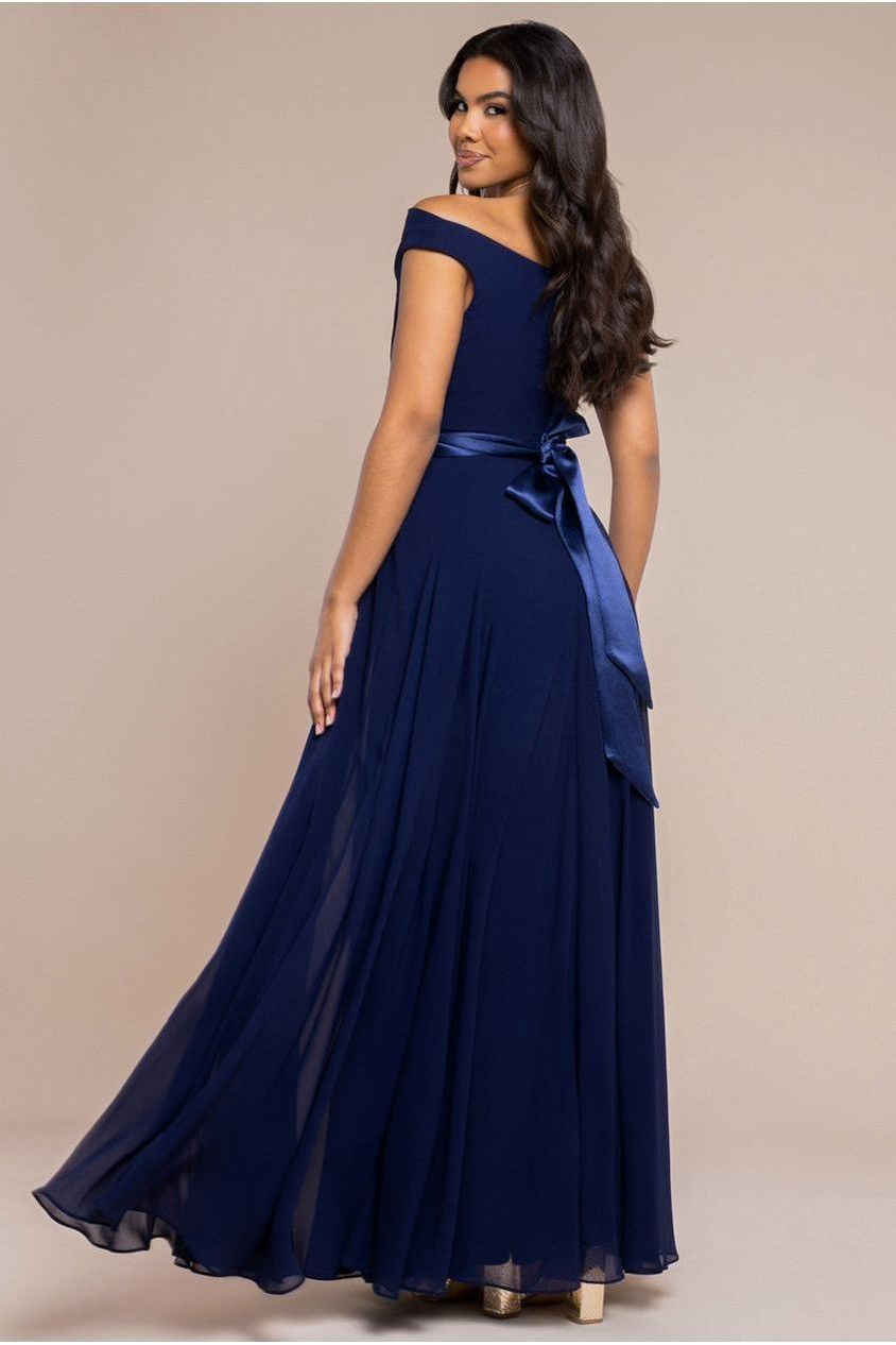 Cowl Neck Chiffon Maxi Dress - Navy Blue DR3335A