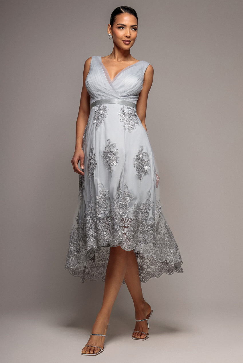 Pleated Satin Bodice High And Low Dress - Grey DR3337QZ