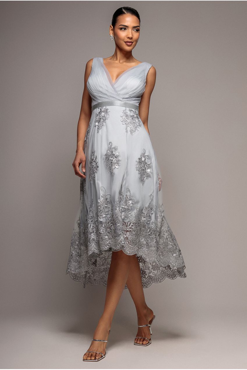 Pleated Satin Bodice High And Low Dress - Grey DR3337QZ