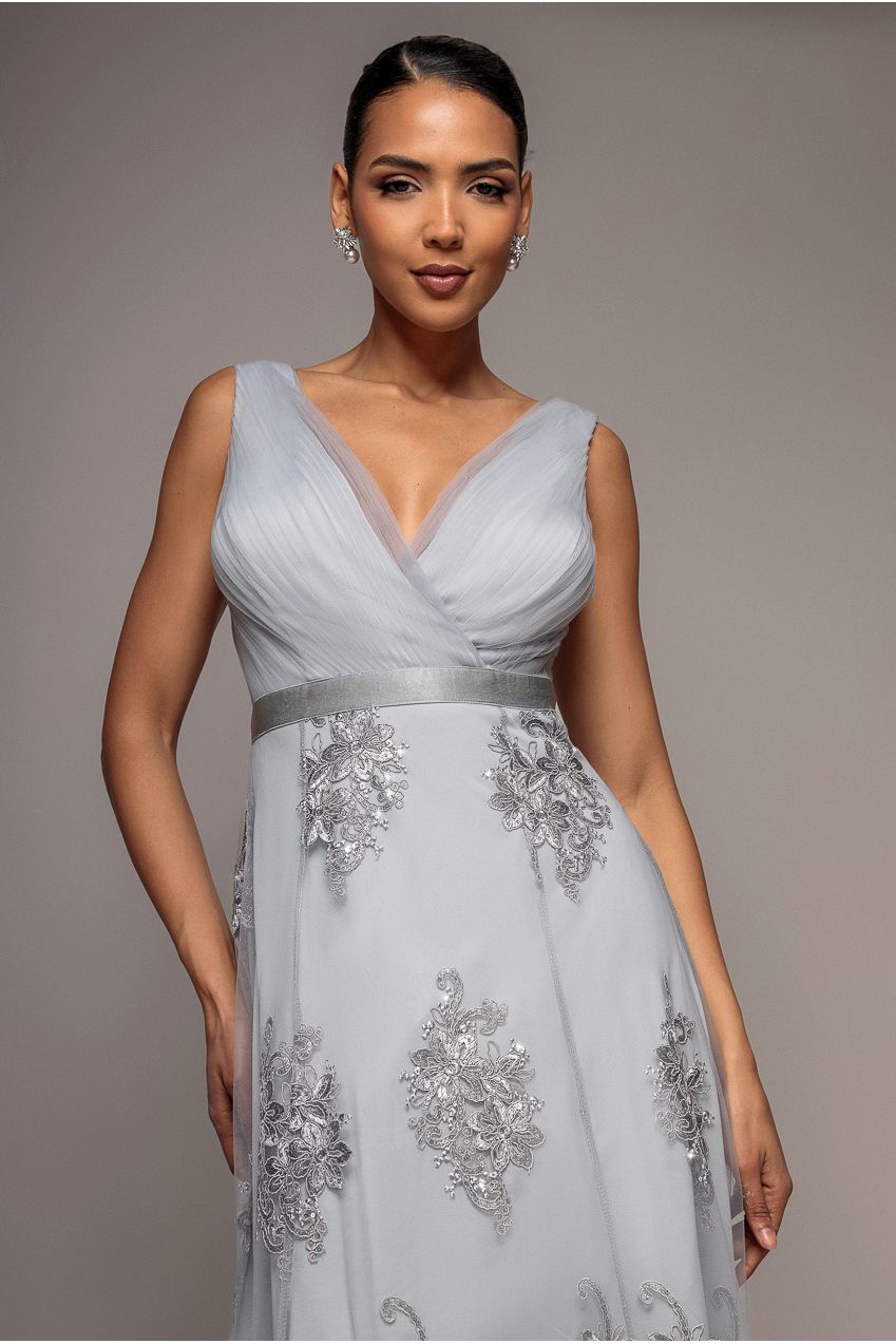 Pleated Satin Bodice High And Low Dress - Grey DR3337QZ