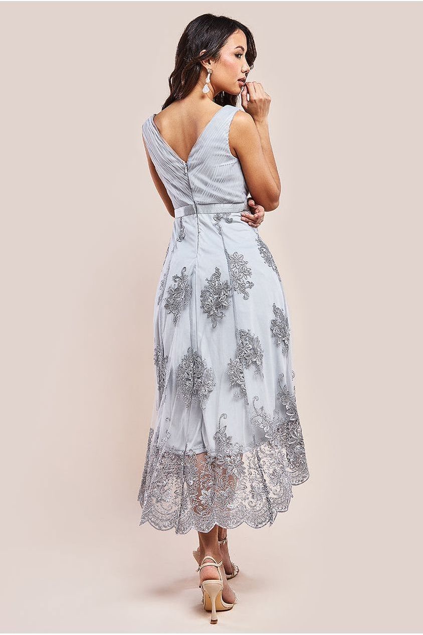 Pleated Satin Bodice High And Low Dress - Grey DR3337QZ