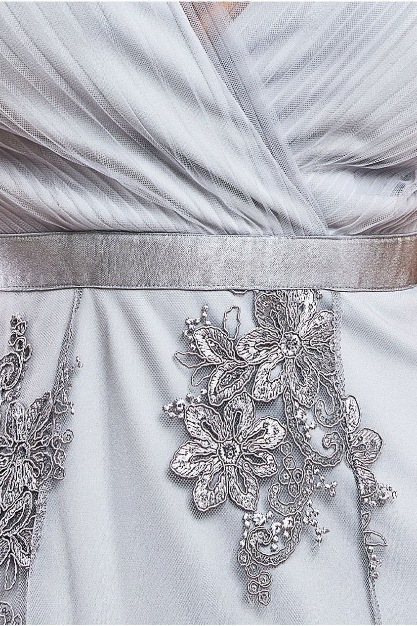 Pleated Satin Bodice High And Low Dress - Grey DR3337QZ