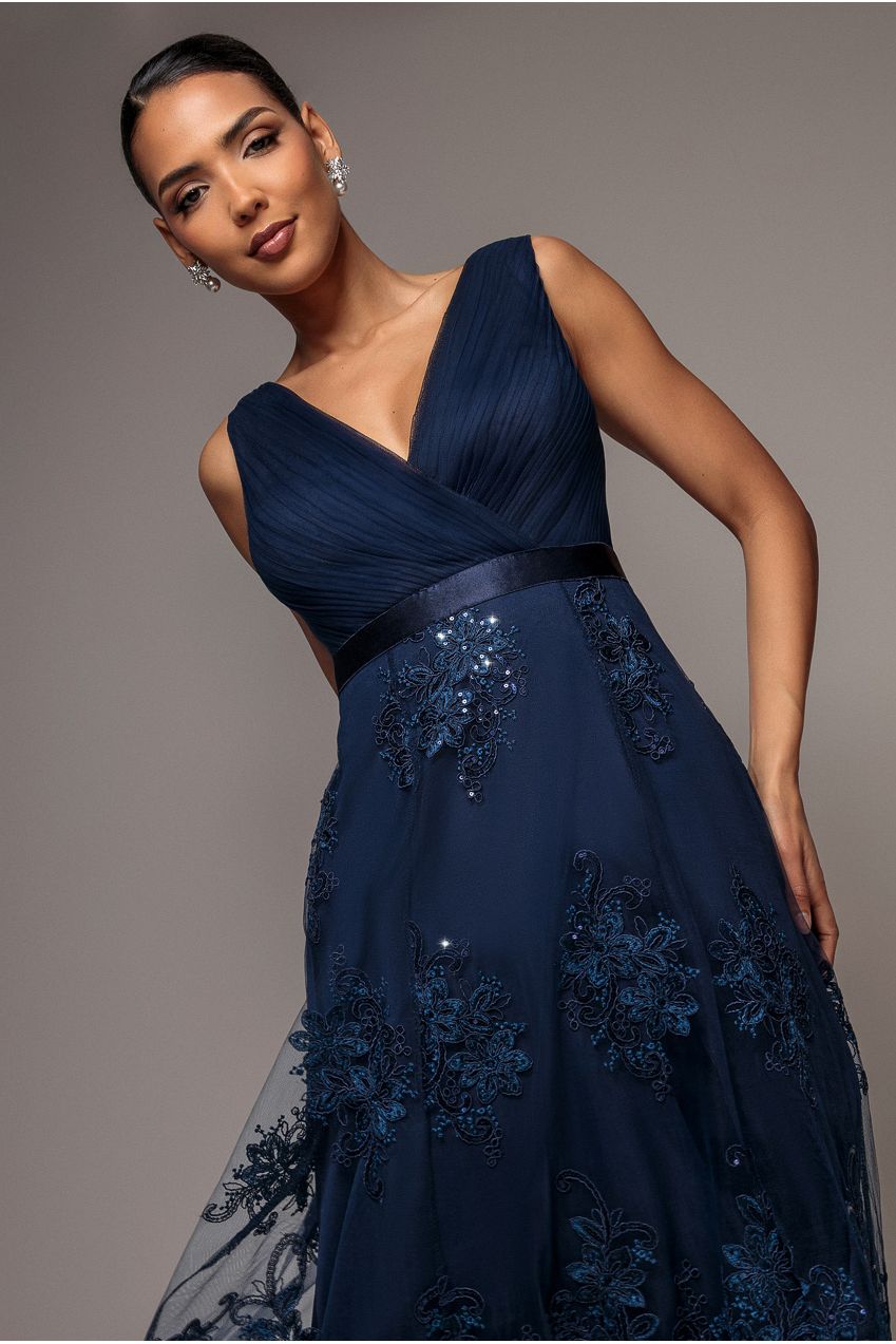 Pleated Satin Bodice High And Low Dress - Navy DR3337QZ