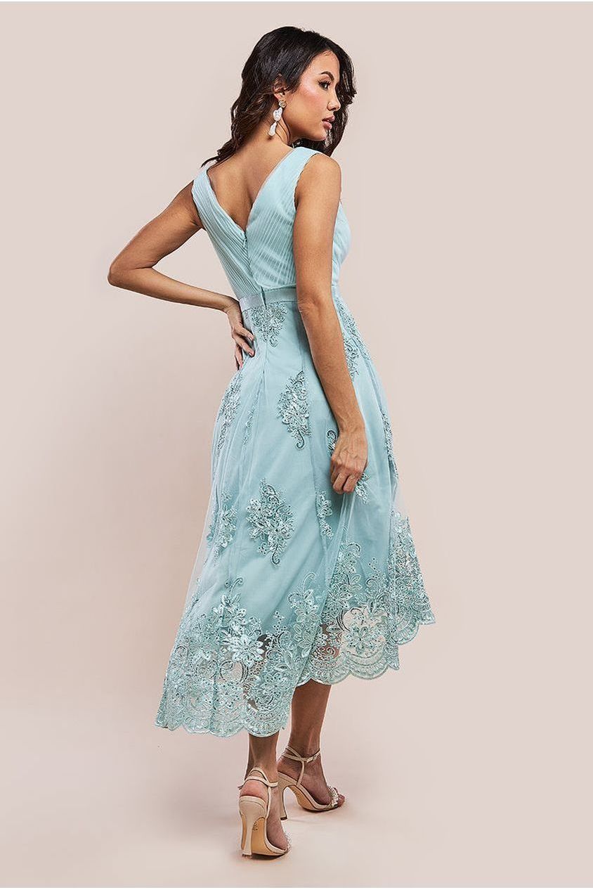 Pleated Satin Bodice High And Low Dress - Sage Green DR3337QZ