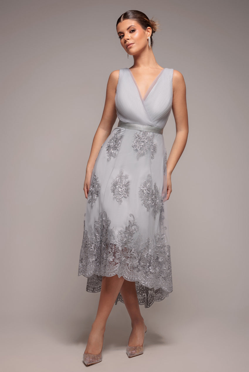 Pleated Satin Bodice High And Low Dress - Grey DR3337QZ