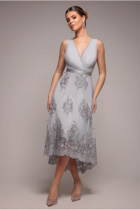 Pleated Satin Bodice High And Low Dress - Grey by Goddiva