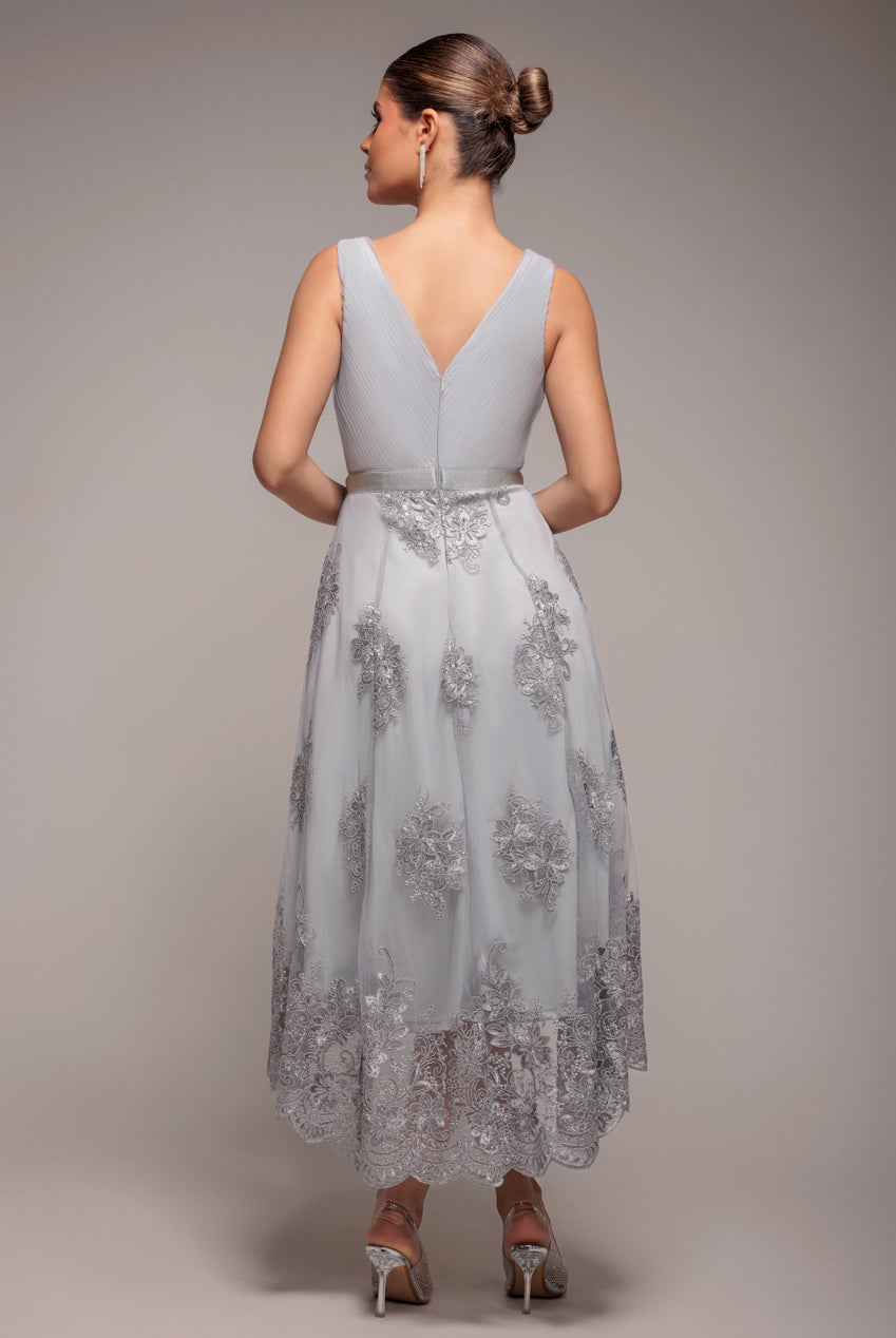 Pleated Satin Bodice High And Low Dress - Grey DR3337QZ