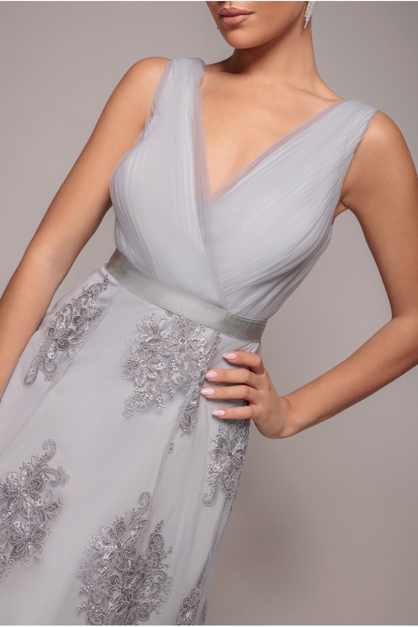 Pleated Satin Bodice High And Low Dress - Grey DR3337QZ