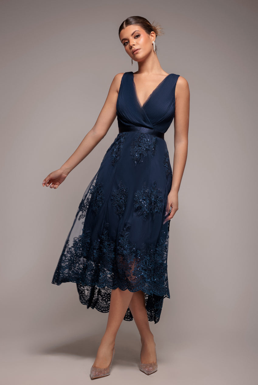 Pleated Satin Bodice High And Low Dress - Navy DR3337QZ