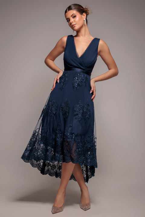 Pleated Satin Bodice High And Low Dress - Navy by Goddiva