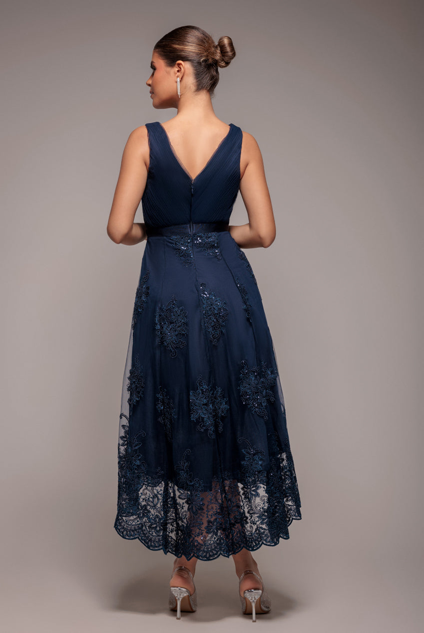 Pleated Satin Bodice High And Low Dress - Navy DR3337QZ