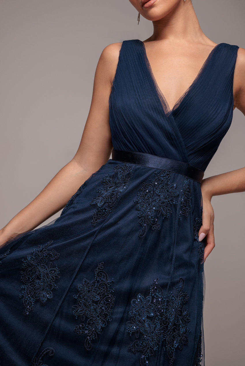 Pleated Satin Bodice High And Low Dress - Navy DR3337QZ