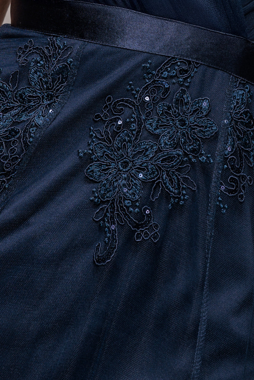 Pleated Satin Bodice High And Low Dress - Navy DR3337QZ