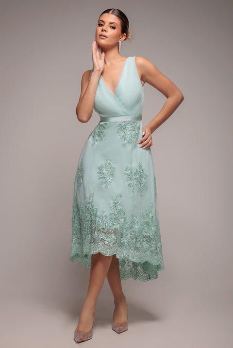 Pleated Satin Bodice High And Low Dress - Sage Green by Goddiva