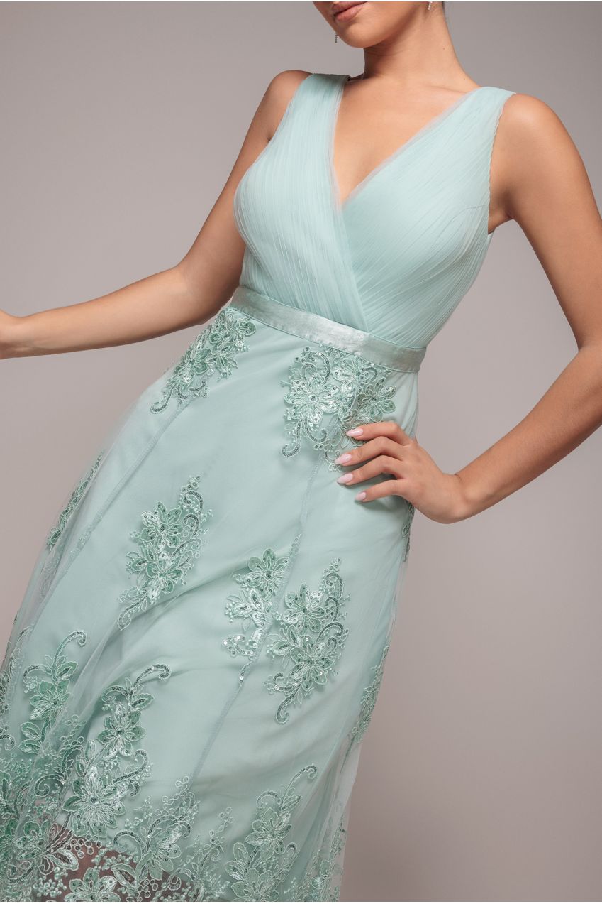 Pleated Satin Bodice High And Low Dress - Sage Green DR3337QZ
