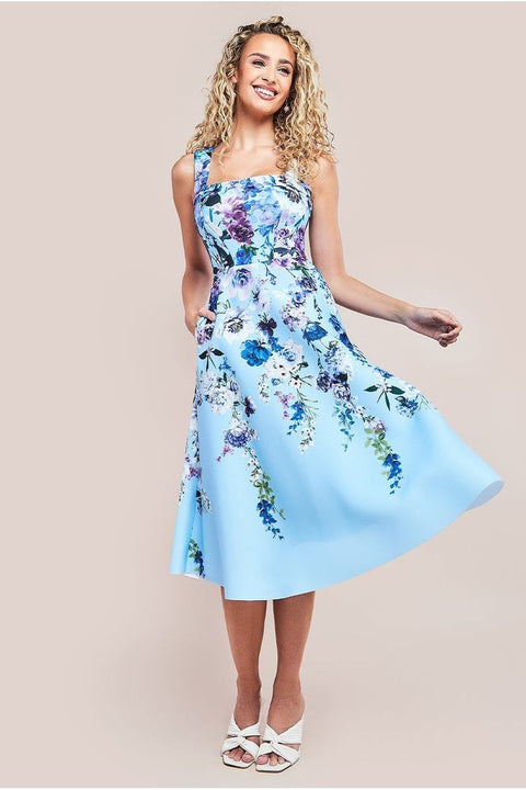 Scuba Foam Floral Midi Dress - Blue by Goddiva