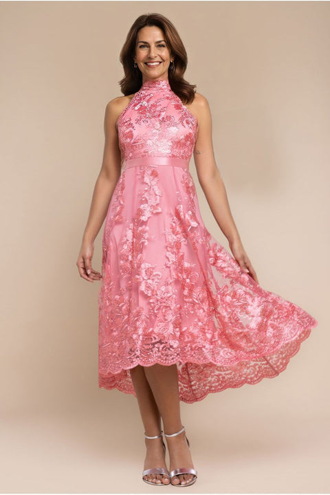 Halter Neck Lace High And Low Dress - Coral by Goddiva