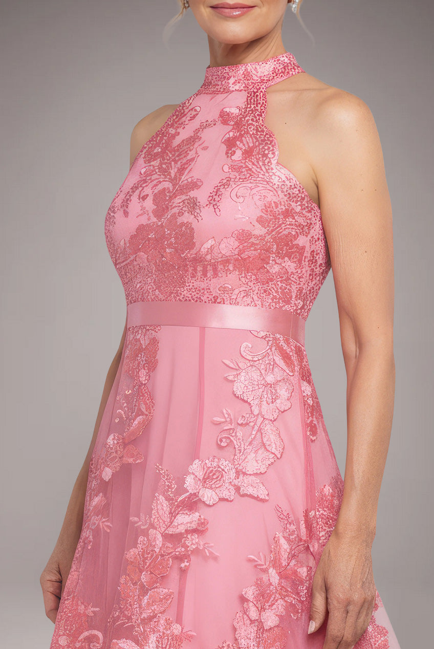 Halter Neck Lace High And Low Dress - Coral DR3346M