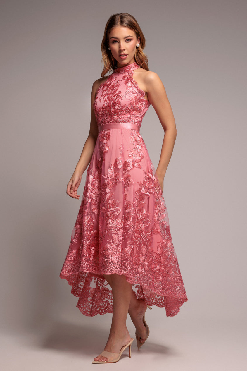 Halter Neck Lace High And Low Dress - Coral DR3346QZ