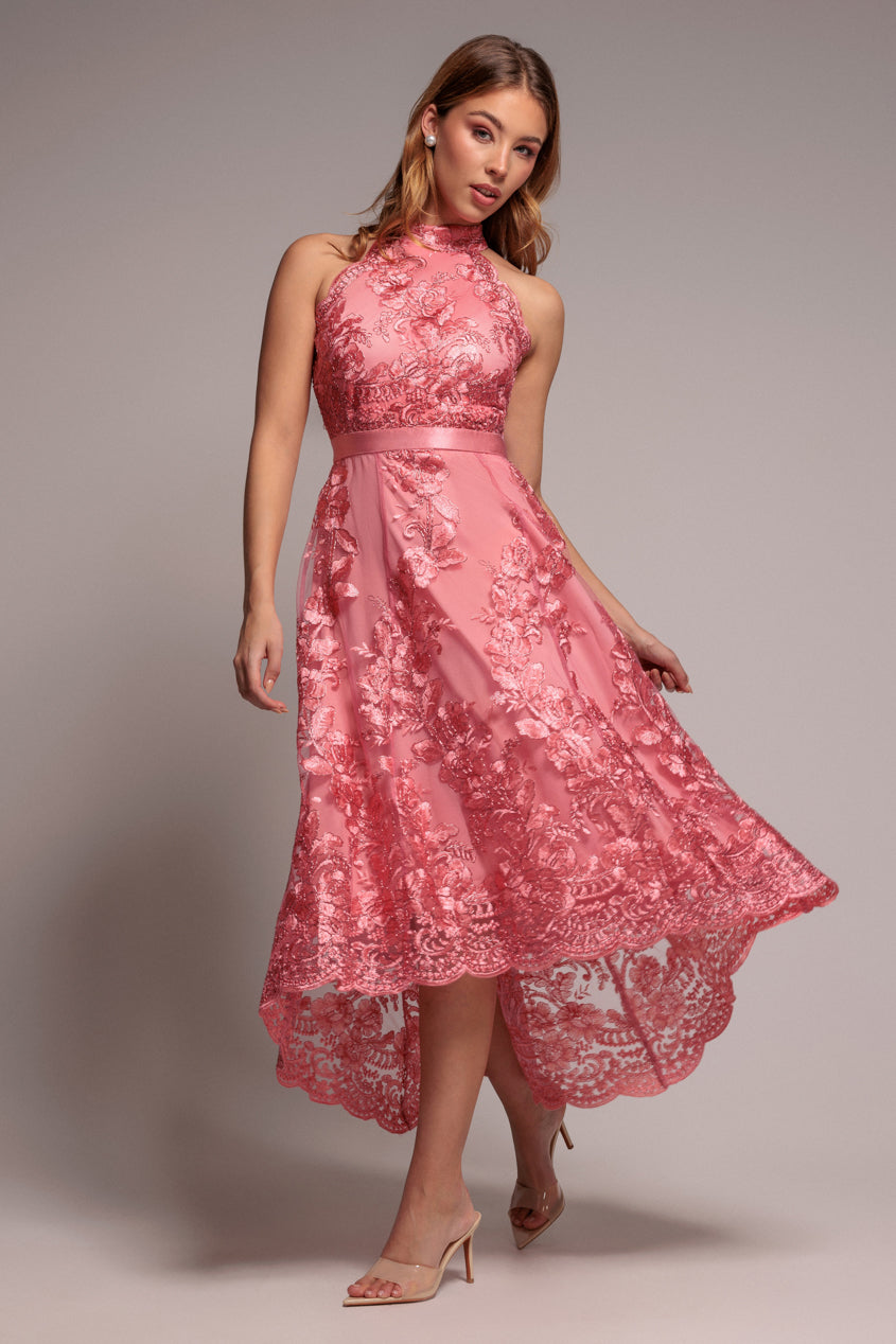 Halter Neck Lace High And Low Dress - Coral | Goddiva Halter Neck Lace High And Low Dress - Coral | Goddiva